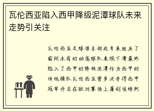 瓦伦西亚陷入西甲降级泥潭球队未来走势引关注